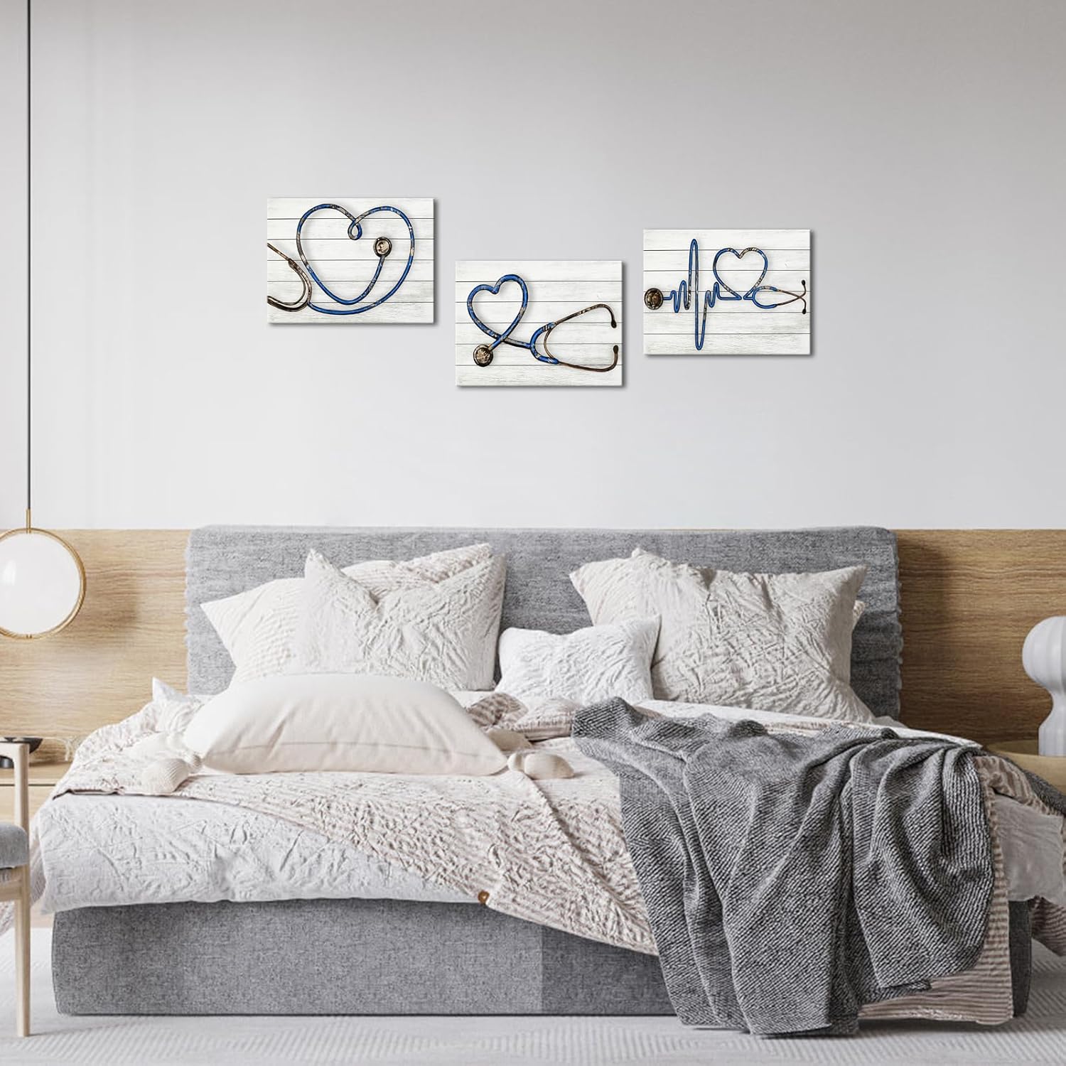 Biuteawal 3 Panels Medical Wall Art Stethoscope Paintings Echometer Instrument Picture Clinic Decor Grey Blue Canvas Print Nurse Day Gift Home Office Decoration Framed Ready to Hang