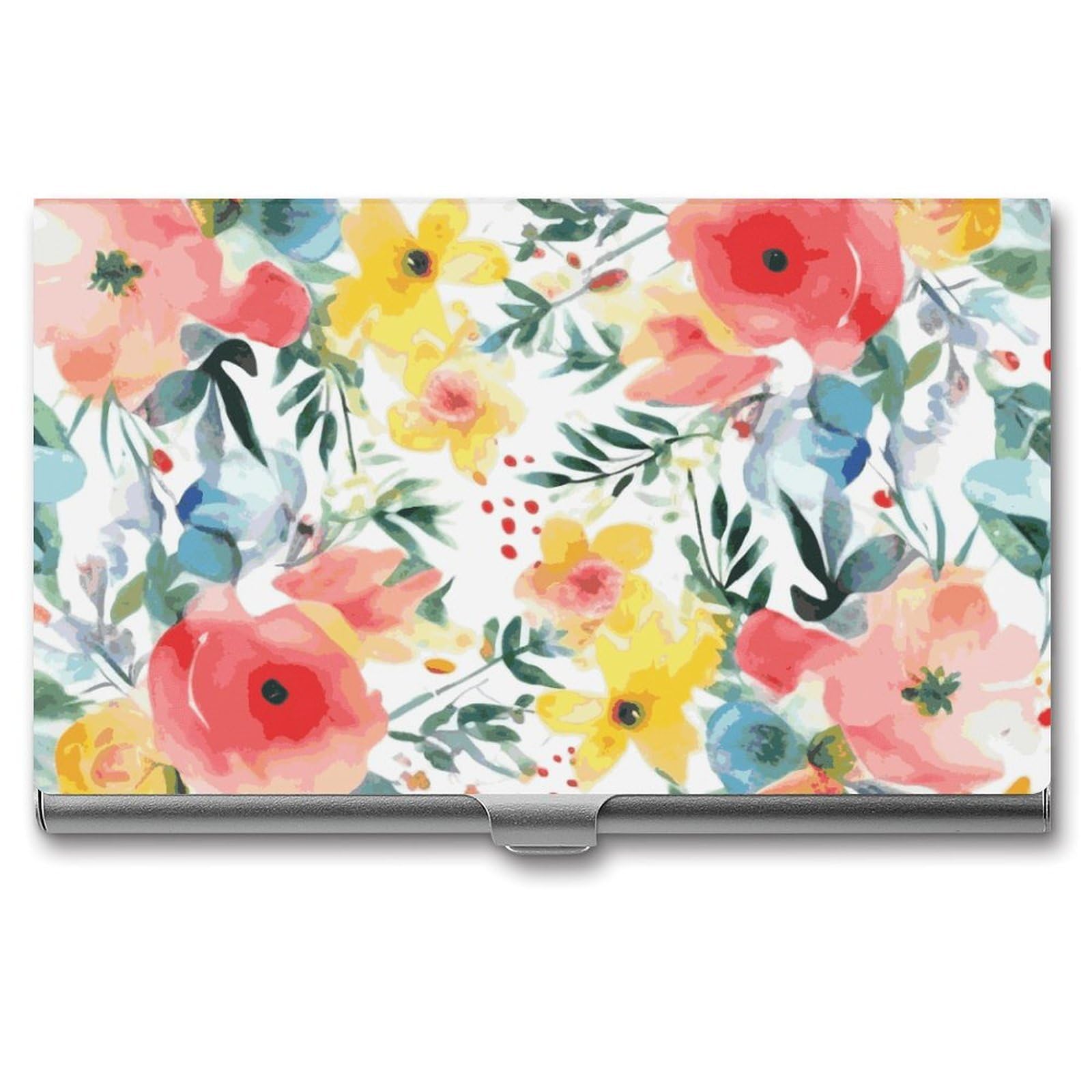 JTREHY Bright Floral Watercolor Business Card Case Convenient to Carry Business Card Dispenser Durable Not Prone to Wear And Tear Business Card Holder for Men & Women