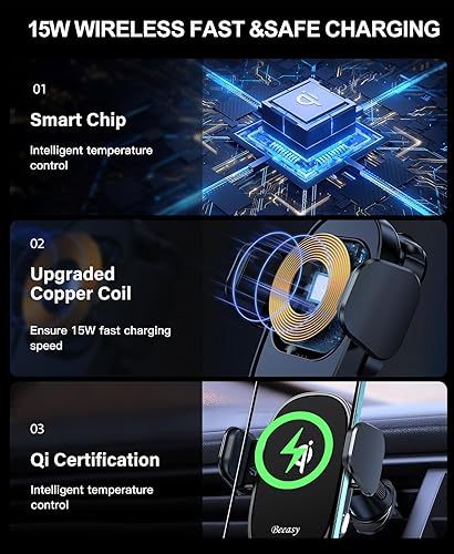 Miniatura 2 de Beeasy Cargador inalámbrico para automóvil, carga rápida de 15 W, cargador de automóvil con sujeción automática para iPhone 15 14 13 12 Pro Max 11