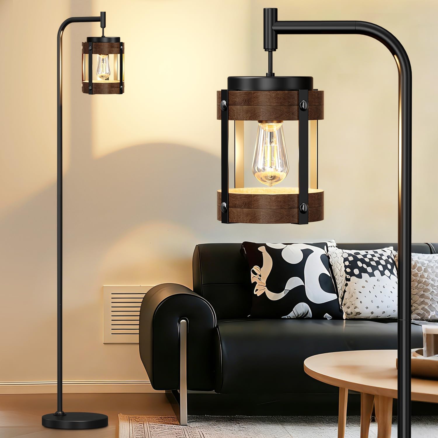 67" Industrial Floor Lamp with Wood & Black Metal Shade, Modern Standing Lamp, Rustic Farmhouse Tall Lamp for Living Room Bedroom Office, 2700K Bulb & Foot Switch Included (Black)