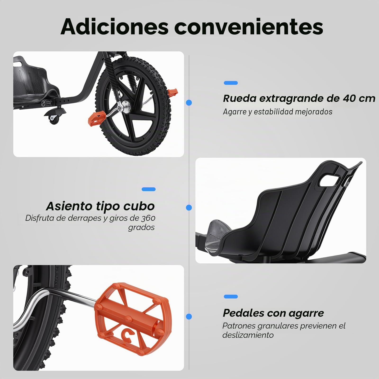Drift Triciclo de Pedales para Niños a partir de 6 años con ruedas LED, bicicleta con pedales, pedal Go Kart, 4 posiciones de ajuste, ruedas delanteras 40 cm, carga de 80 kg, regalo exterior parque