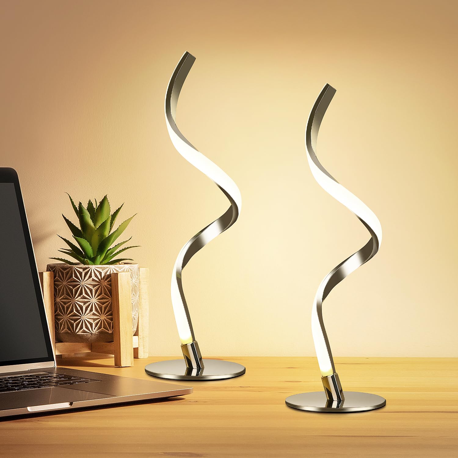 Yarra-Decor Modern Spiral Bedside Lamp - 3 Colors Touch Control LED Table Lamp, Stepless Dimmable Nightstand Lamps for Bedroom Living Room & Office(3000K 4000K 5000K) (Silver 2 Pack)