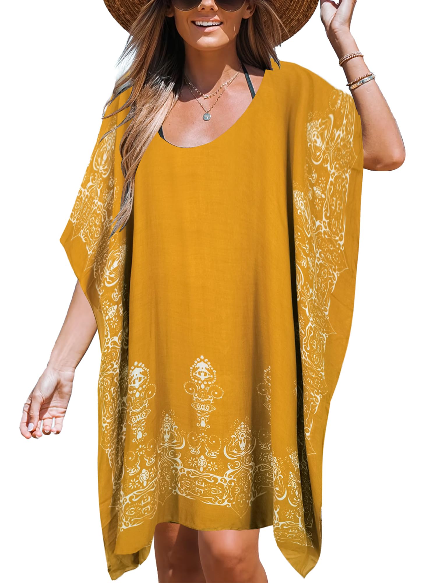 Moss Rose Women's Beach Kaftan Dresses Kimono Swimsuit Cover up for Bathing Suit with Floral Pattern