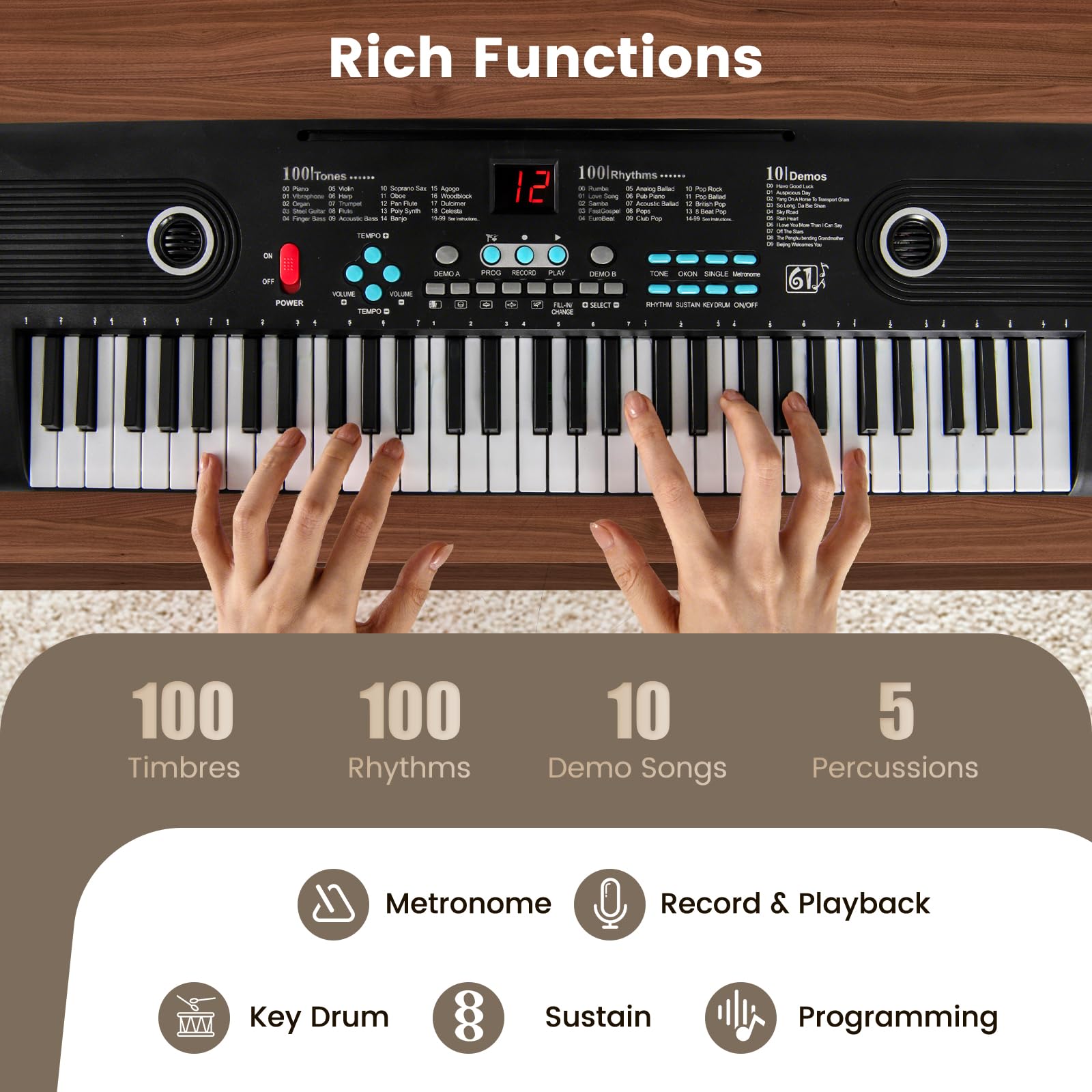 Pianoforte Digitale 61 Tasti Pieghevole, Tastiera Elettronica con Microfono e Leggio, Portatile con Borsa per Principianti (Nero)