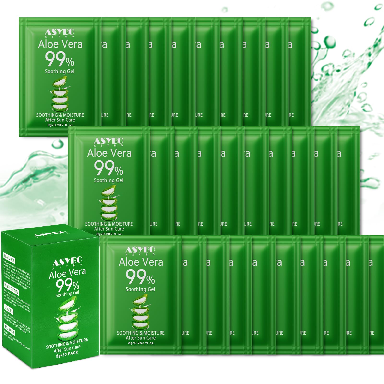 ASYBO 30 Pack Natural Aloe Vera Gel -99% Pure Moisturizing Aloe Vera, Soothing and Hydrating, Sunburn and Scar Repair, Portable Travel Size, After Sun