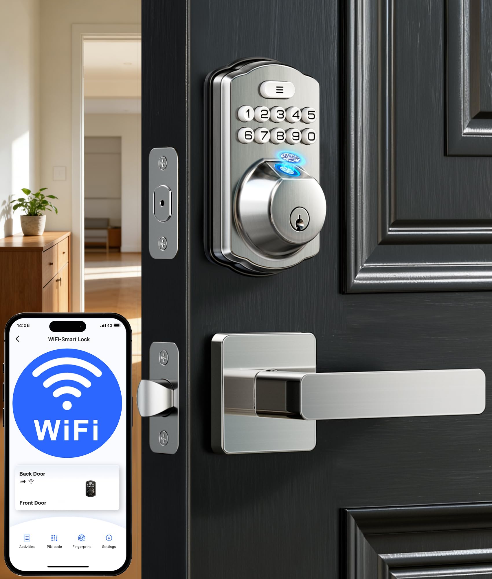 Photo 1 of Veise VE012W-L WiFi Fingerprint Deadbolt Lock with Handle Set, Satin Nickel