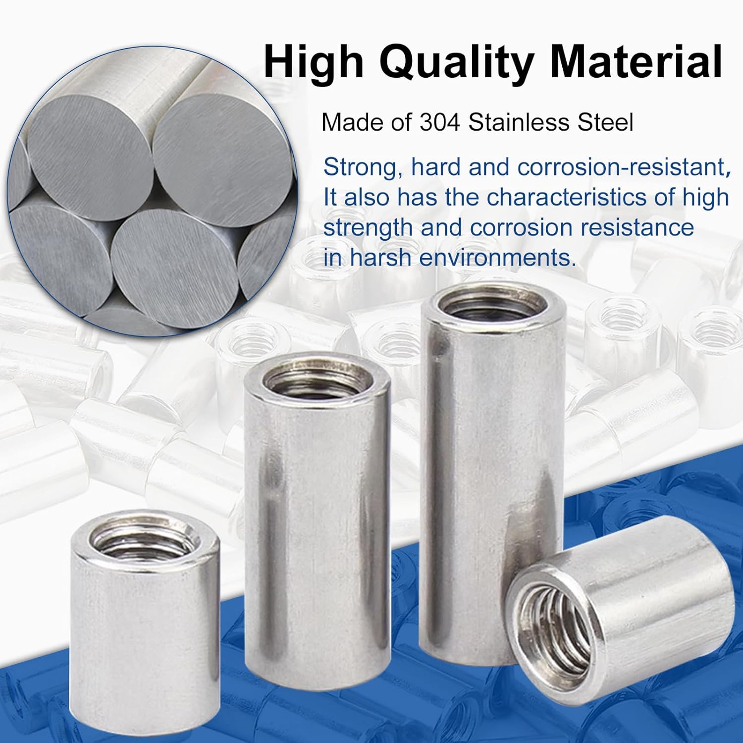 MroMax 10Pcs M10 Round Connector Nuts, 304 Stainless Steel Rod Coupling Nuts 30mm/1.18" Length Female Thread for Camera Pan, Lamp Bracket, Glass Folding Dining Table Silver