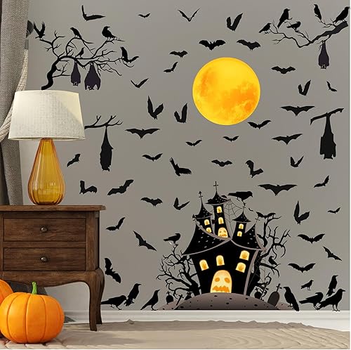 Calcomanías de pared de murciélago de Halloween, ramas de árbol, calcomanías de pared extraíbles para Halloween, castillo, luna, murciélago,