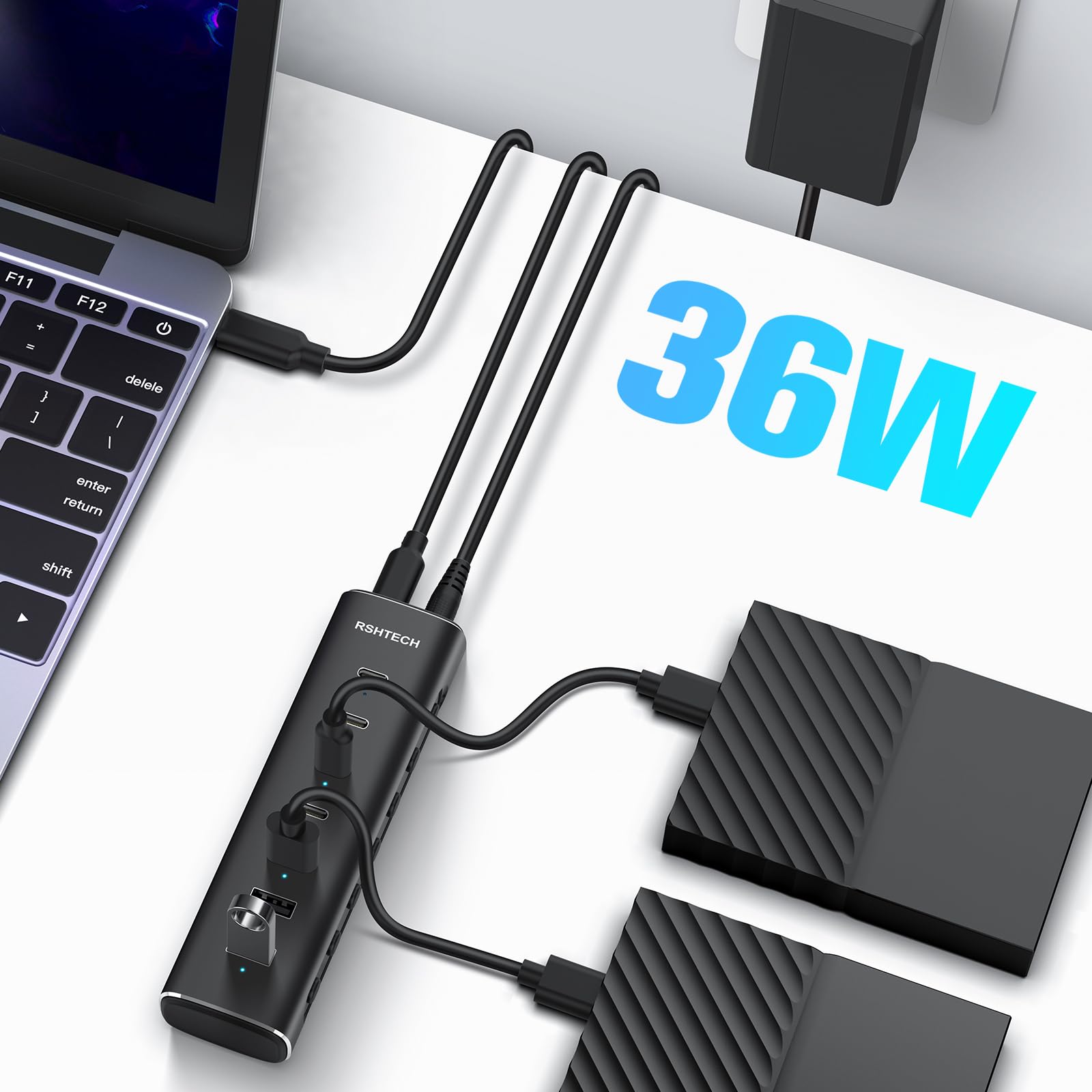 RSHTECH 36W Hub USB C z Zasilaniem, Koncentrator Danych 7 Portów (4C+3A) z Aluminium USB-C 3.2 10Gbps z Zasilaczem 12V/3A i Odbieranym Kablem 3.3 Stopy, RSH-ST10P