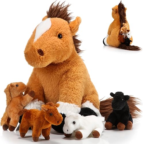 Lenwen 5 piezas de animales de peluche de caballo de 18 pulgadas grande mamá caballo de peluche con 4 bebés en cremallera para nutrir el vientre