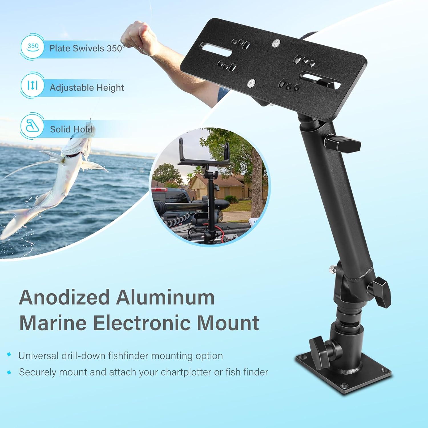 Aluminium Fish Finder& Chartplotters Mount, Marine Electronics Mount Compatible with Garmin, Humminbird, Lowrance and More, 丨18''-to-24'' Adjustable Height丨350° Adjustable Angle丨Solid Hold