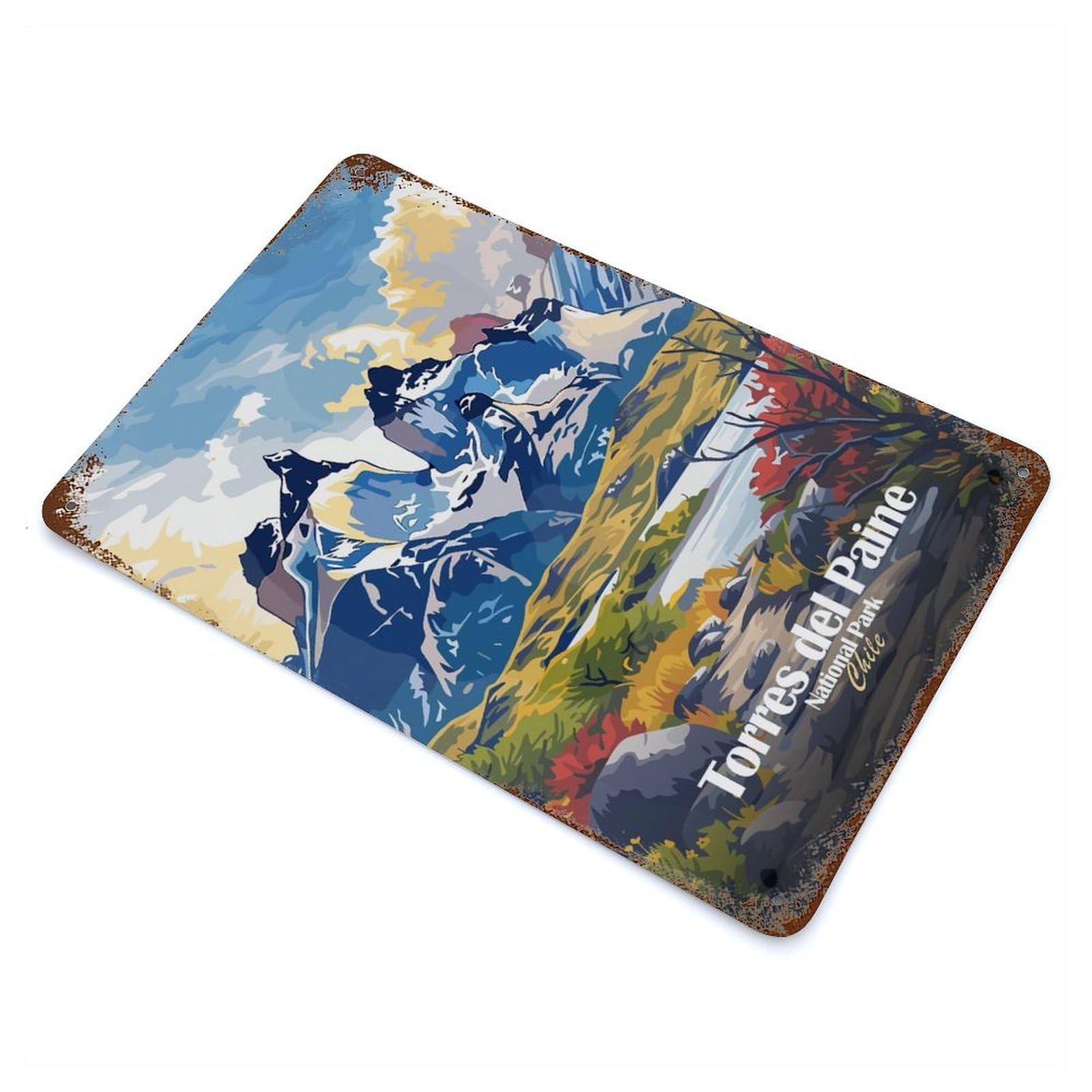 Torres Del Paine National Park Chile Weathered Tin Sign 11.8"x7.9", Ideal for Shed, Workshop And Garage Wall Decor