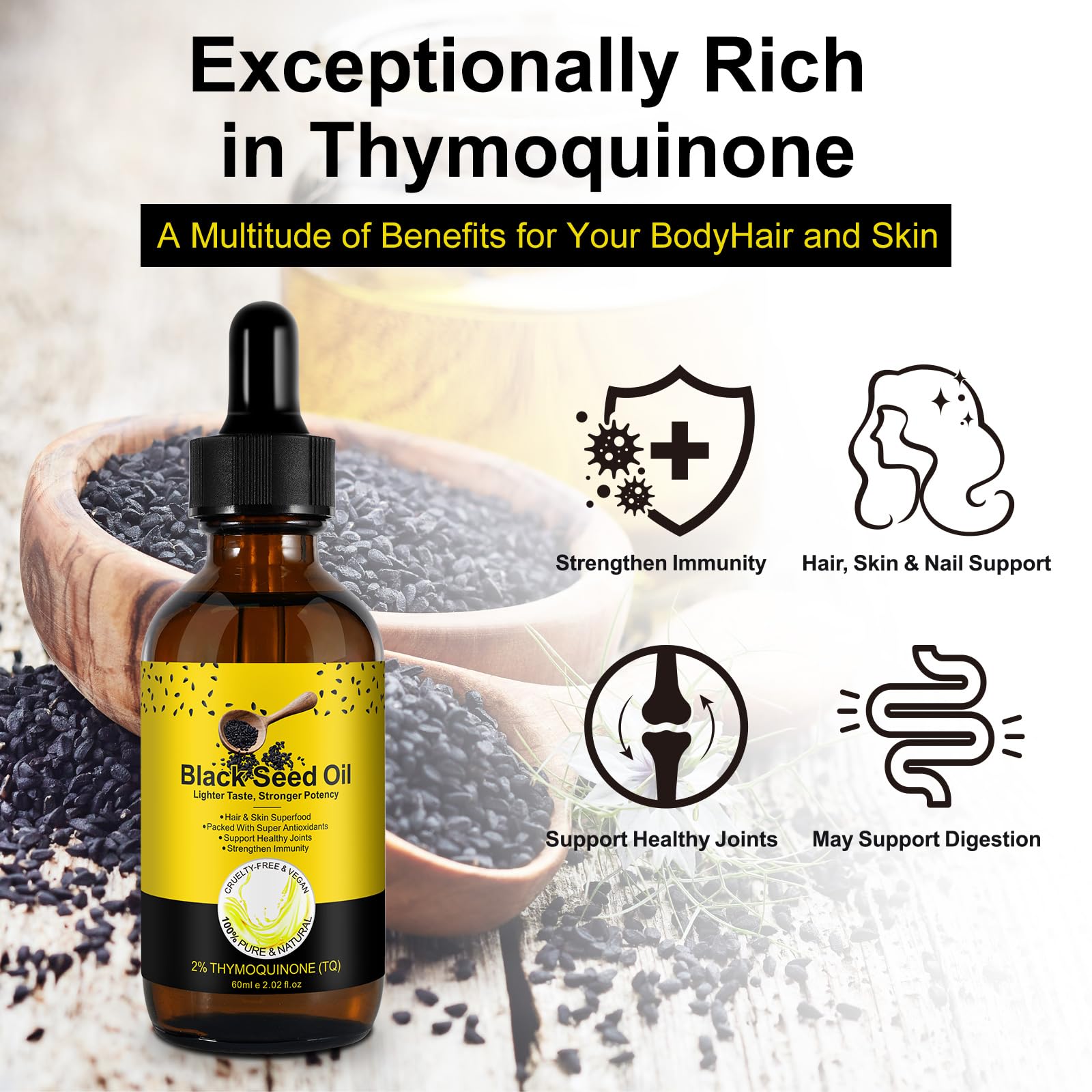 Organic Black Seed Oil - 100% Pure Unrefined, Natural Cold Pressed Black Seed Oil with 2% TQ and a Dynamic Harmony of Omegas 3, 6, 9 Antioxidant, Immune Boost, Joints, Skin & Hair 2.02 Fl Oz (1 Pack) — Amazon image 2