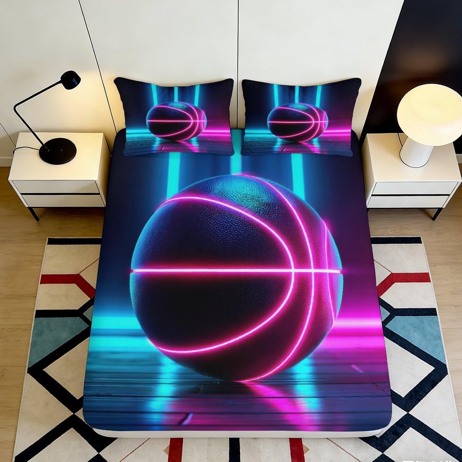 3D Printed Neon Basketball Fitted Sheet Microfiber Soft Breathable Futuristic Lines Bed Cover for Bedroom Dormitory Guest Room Mattress Protection 180x200x25cm