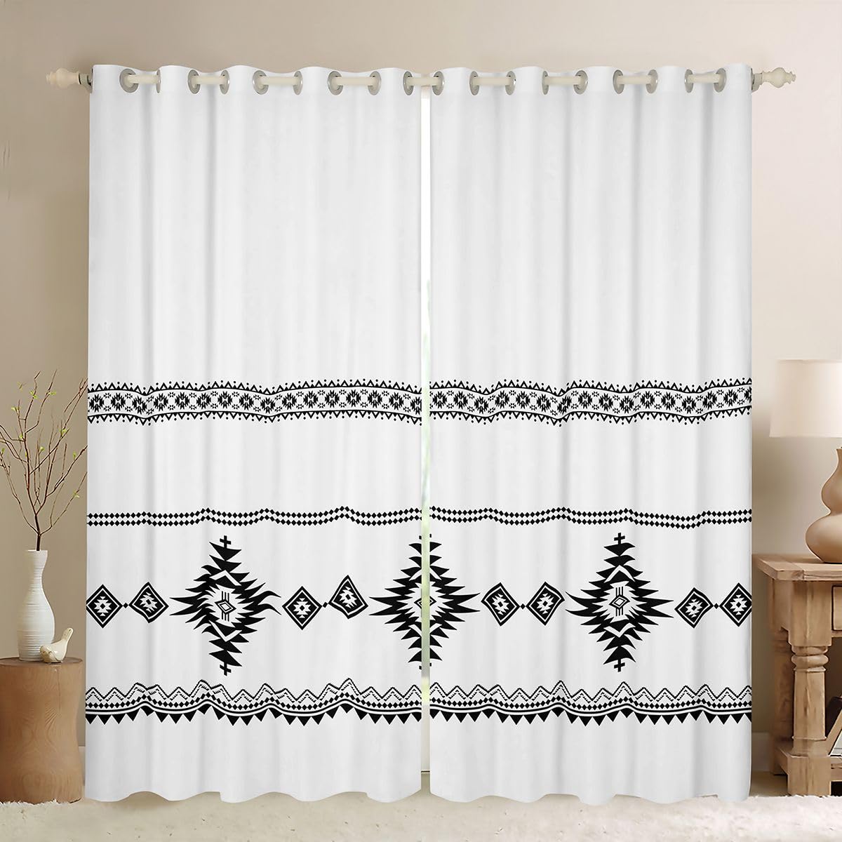 Homewish Rideau Occultant 140x245 cm Western Rideau Style Navajo Aztèque Rideaux Voilage Ferme Boho Blanc Voilage Fenetre Motif Tribal Géométrique Sud-Ouest pour Chambre Salon