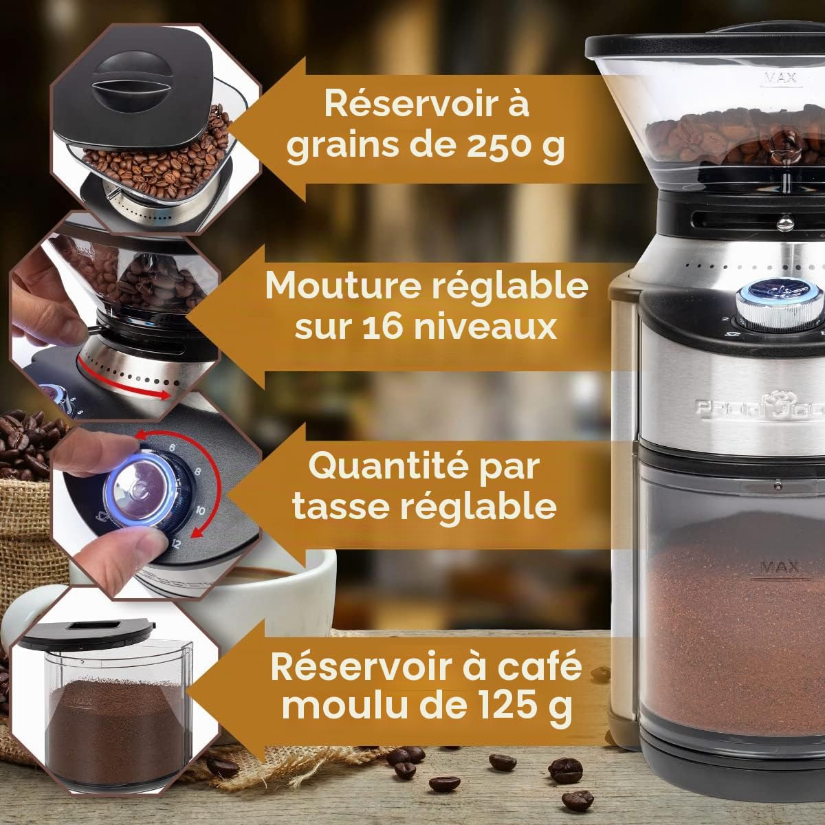 Moulin à café ProfiCook® | électrique | 200 watts | 16 réglages de mouture | broyeur conique en acier inoxydable | Coffee Grinder | jusqu'à 230 g de grains de café | PC-EKM 1205