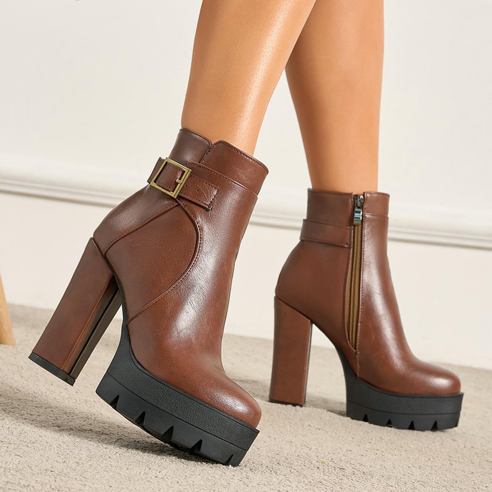 Bottines à Talon épais de 11 cm pour Femmes avec Fermeture éclair latérale | Bottes de Combat Confortables à Plateforme et Coupe Large pour soirée en boîte de Nuit