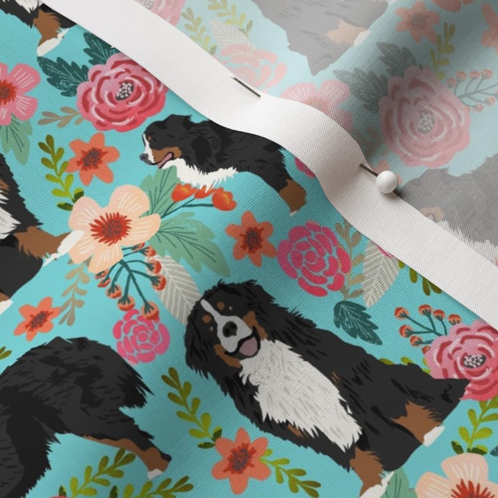 Spoonflower Fabric - Bernese Mountain Dog Florals Breed Cute Dogs Best Turquoise Flower Printed on Cotton Poplin Fabric by The Yard - Sewing Shirting Quilting Dresses Apparel Crafts