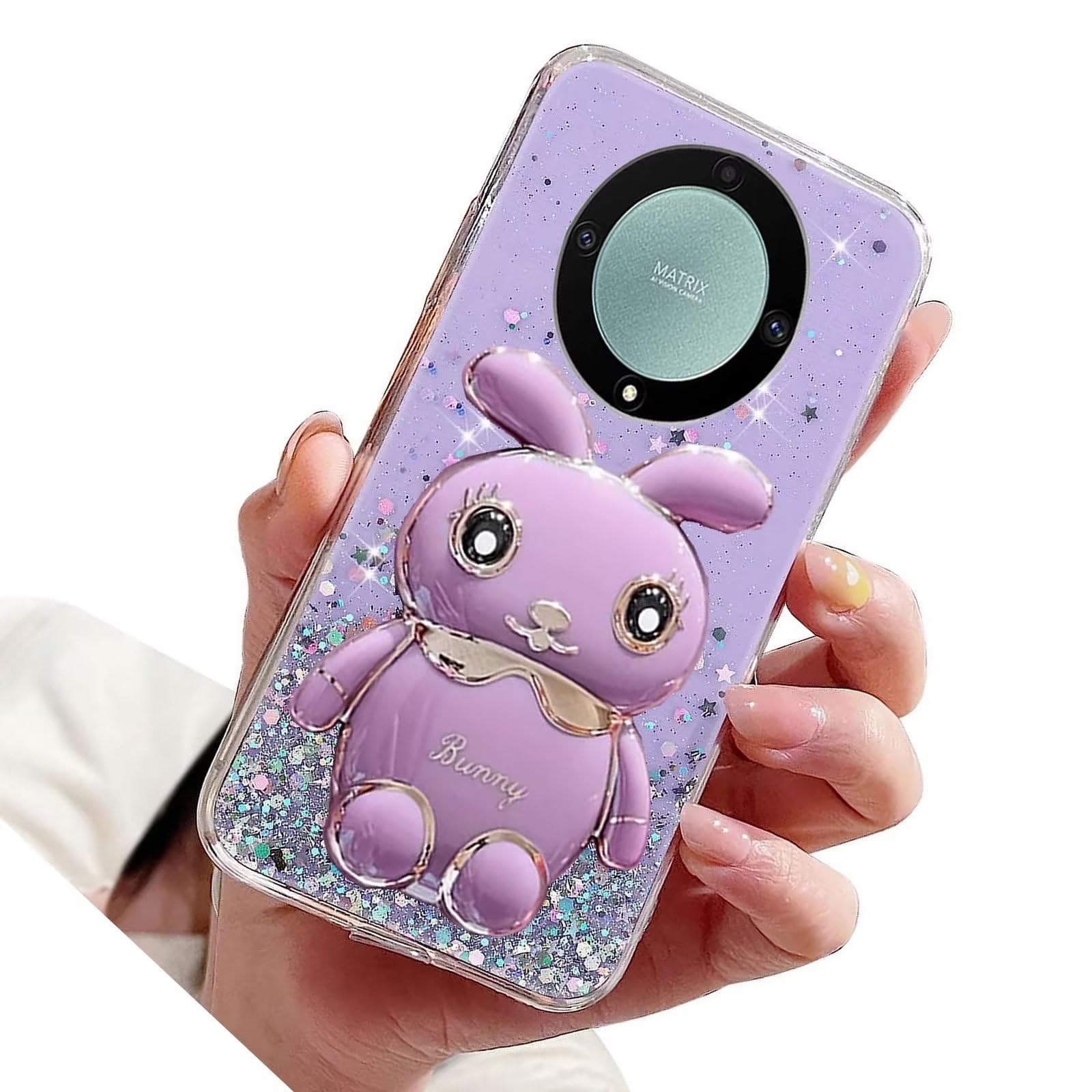Rnrieyta Miagon Rabbit Glitter Stand Case for Honor Magic 5 Lite 5G,Bling Transparent Soft TPU Protective Slim Shockproof Cover with Cute Bunny Holder Kickstand,Purple