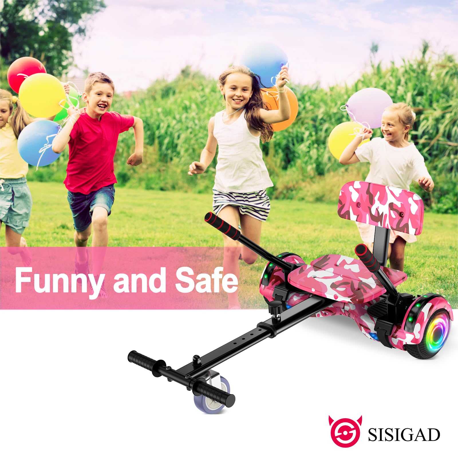 SISIGAD Hoverboard Go Kart Seat 16,5 cm Hoverboard avec lumières LED et haut-parleur Bluetooth, ensemble hoverboard Go Kart pour enfants, garçons et filles