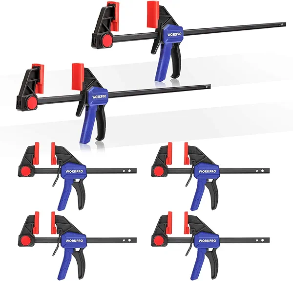 WORKPRO Bar Clamps for Woodworking, 6-Pack One-Handed Clamp/Spreader, 6-Inch (4) and 12-Inch (2) Wood Clamps Set, Light-Duty Quick-Change F Clamp with 150 lbs Load Limit Blue 4PC 6" and 2PC 