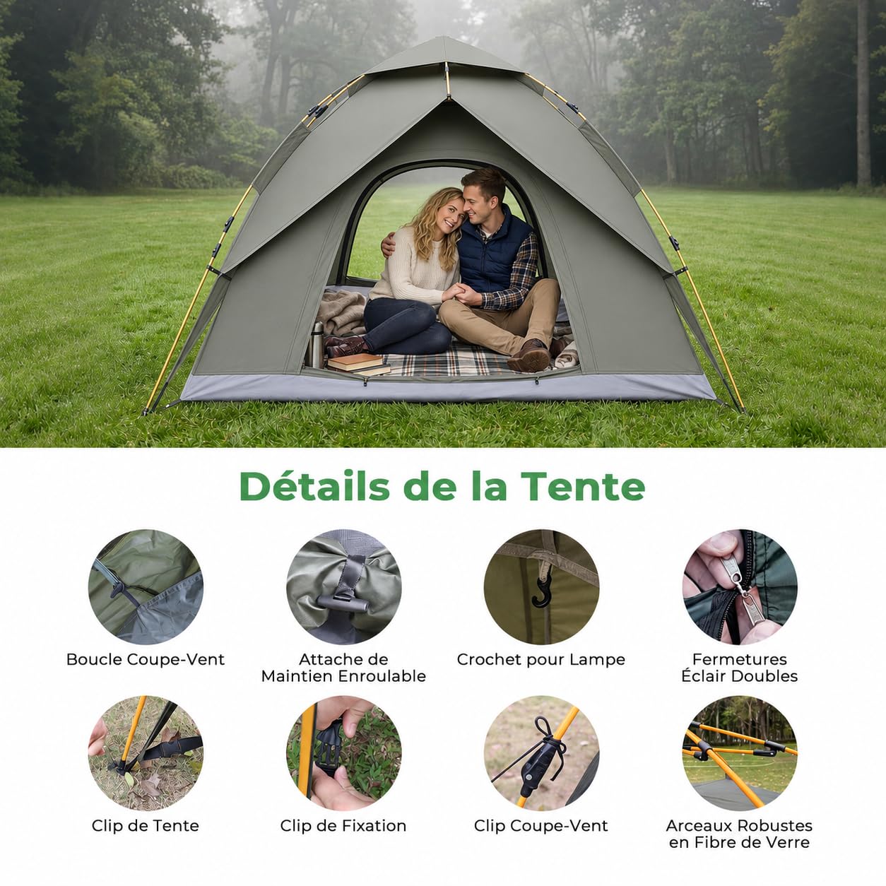 Tente de Camping pour 3 Personnes, Tente dôme à Montage Rapide avec Toile extérieure Amovible, Toile intérieure 205x205x135cm, imperméable et Coupe-Vent, pour Camping, randonnées à Moto et Festivals