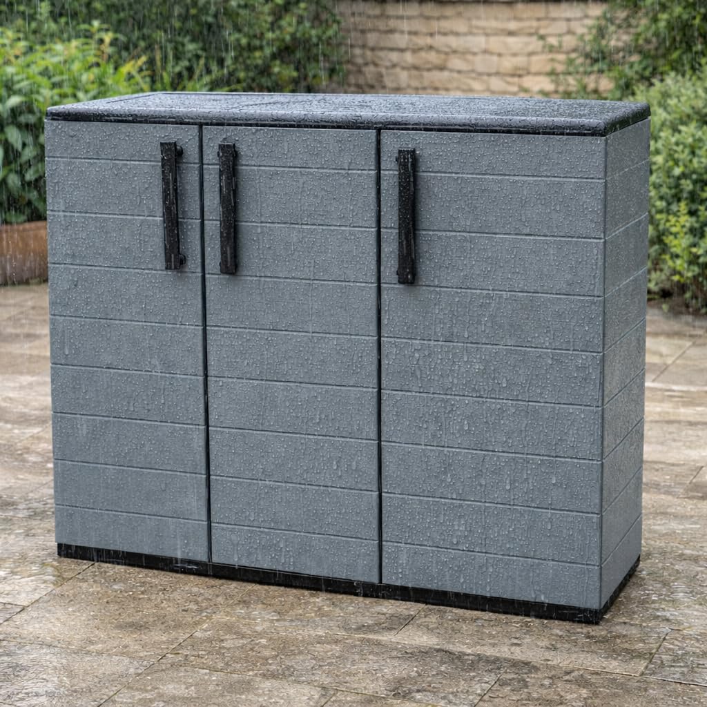 Armadio Basso 3 Ante da Esterno 102x37x84h cm Ripiani Regolabili - Antiusura, Idrorepellente, Chiusura a Scatto, Robusto, Anti odore, Lavabile - Plastica Eco Sostenibile Grigio