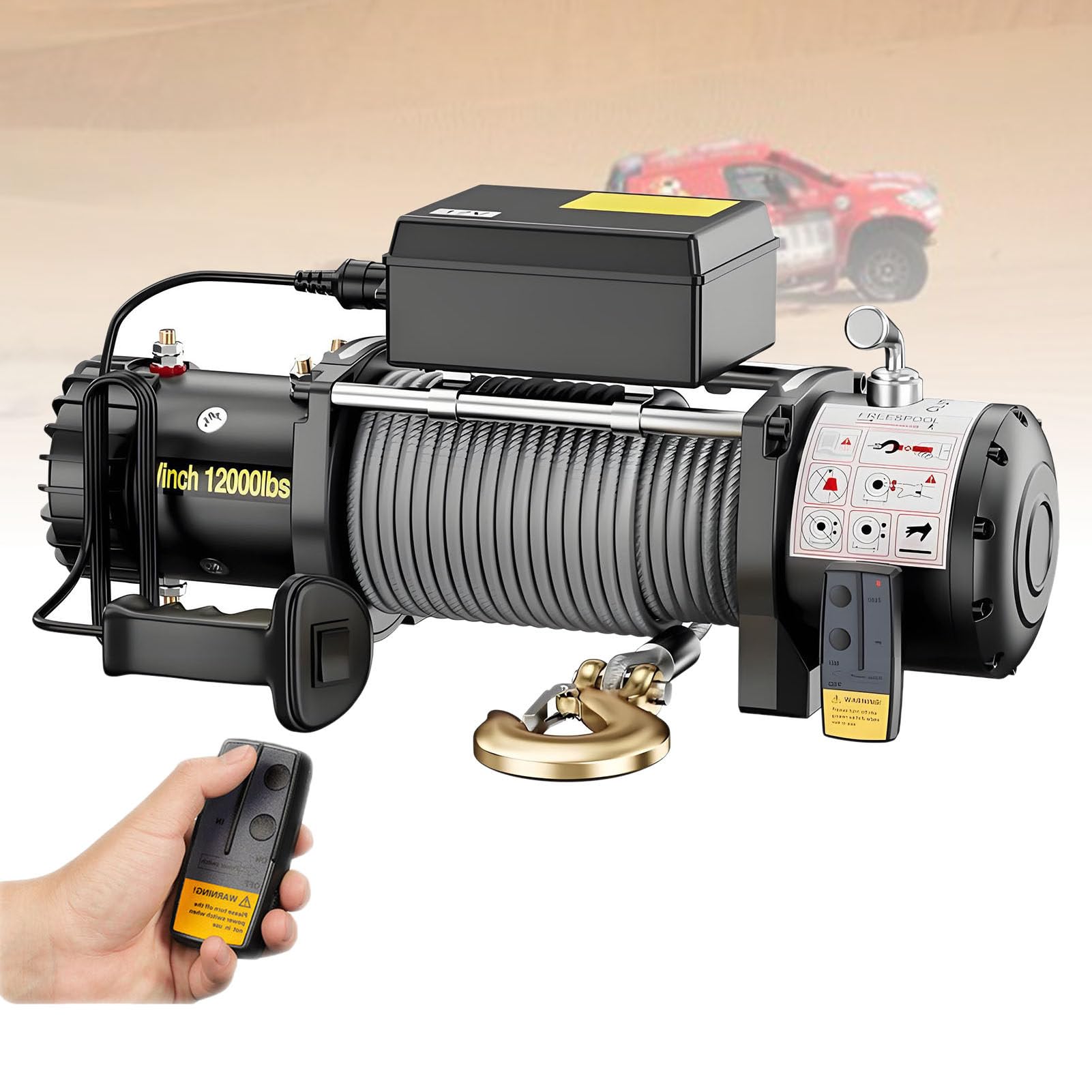 Wciągarka elektryczna do ATV/UTV – zasilanie 12 V / 24 V DC, wodoodporność IP67, pilot bezprzewodowy i przewodowy 24V-4000LBS