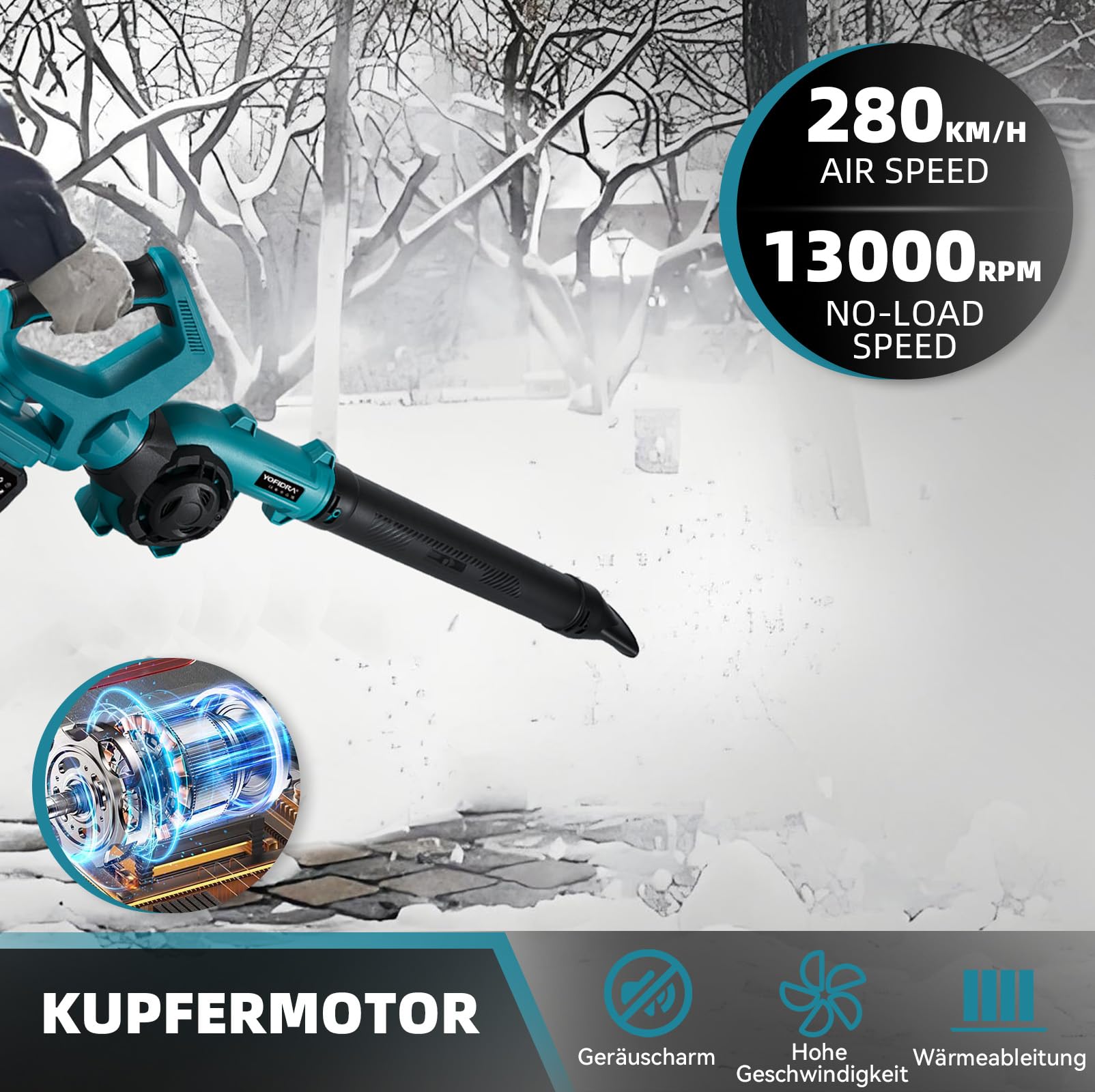 YOFIDRA Laubbläser Akku 280 km/h, Elektrische Luftgebläse mit 2×3.0Ah Akku und Ladegerät, 3-Gang, 270° Verstellbarem Griff, Doppel-Lufteinlass,13000RPM Laubbläser für Terrassen Rasenpflege Laubblasen