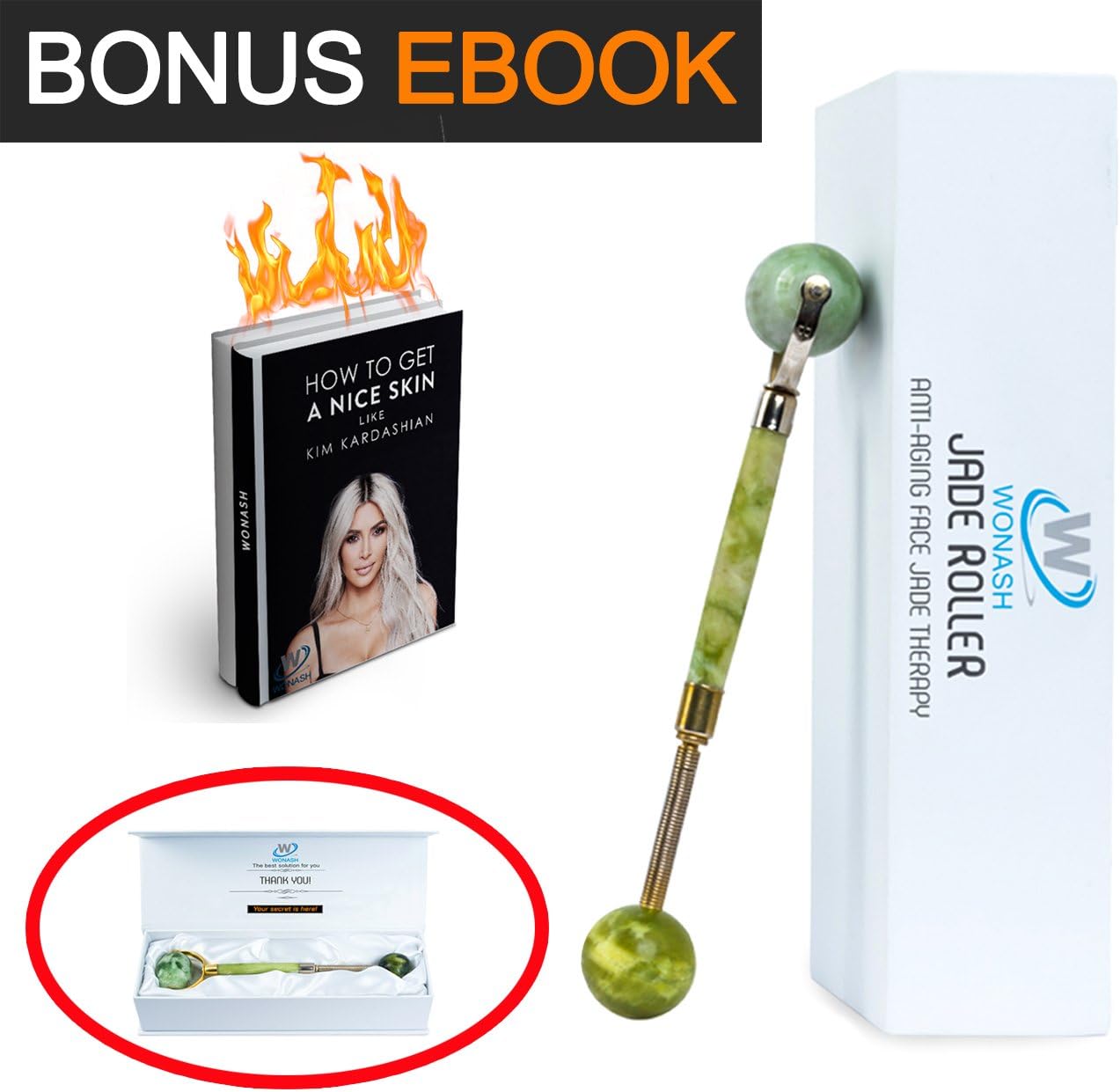 Premium Jade Roller 100% Natural for Face Massage with Ball Roller | Bonus Ebook | 100% Nephrite Jade | 100% Handmade | Anti-Aging, Anti-Wrinkle Beauty Skincare Tool | for Face, Neck & Eyes