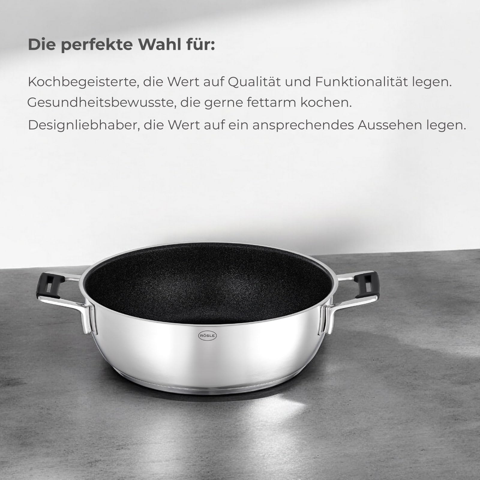 RÖSLE SILENCE PRO ProResist Servierpfanne, Antihaft & Robust - Ø 28 cm, Hitzebeständig bis 160 °C, Keramikversiegelung, silbern, Edelstahl 18/10, spülmaschinengeeignet mit Deckel