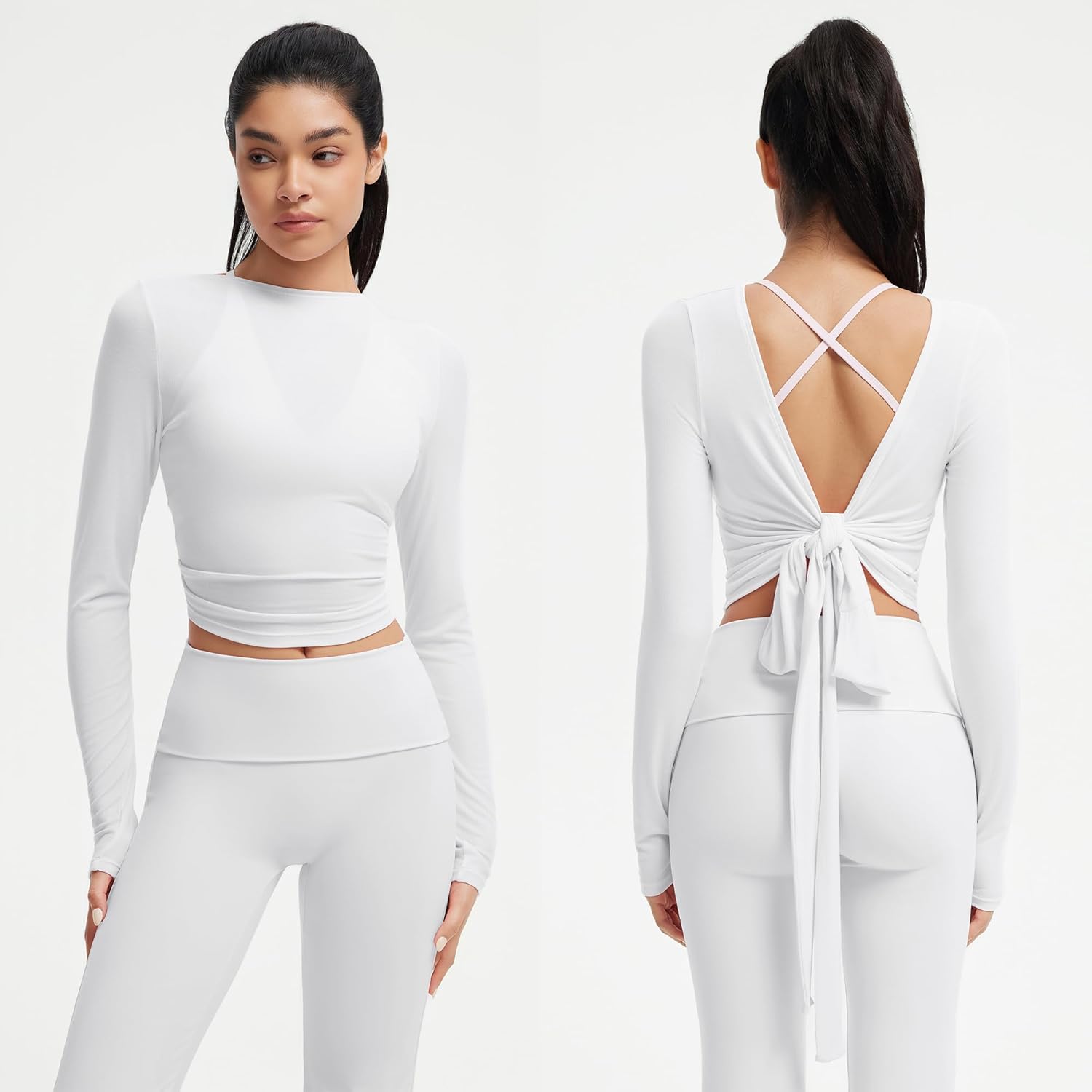 SUUKSESS Women Pilates Wrap Workout Cropped Top Ribbed Long Sleeve V Neck Tie Front Ballet Yoga Shrug Blouse - Image 5