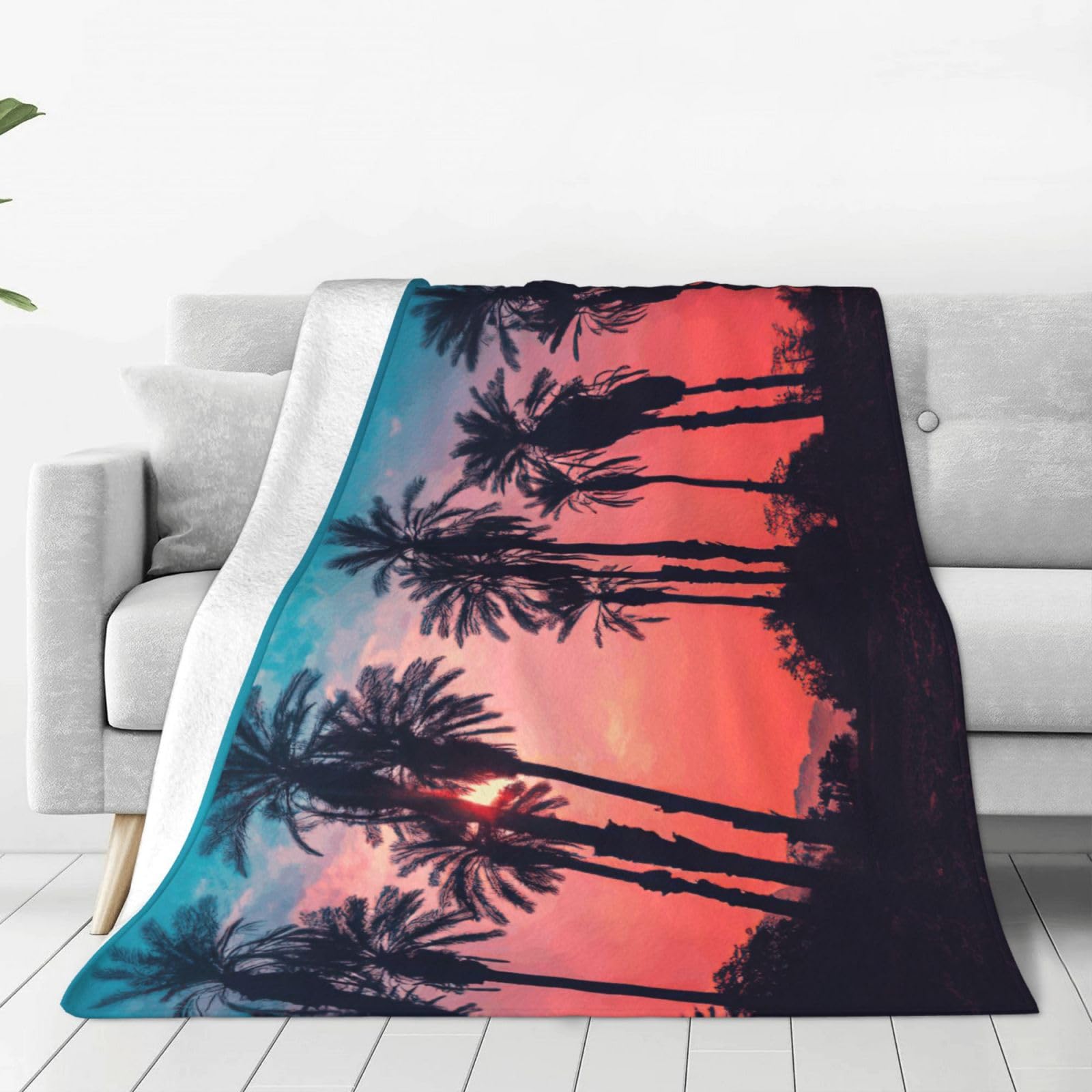 Couverture polaire palmier et coucher de soleil pour lit et canapé