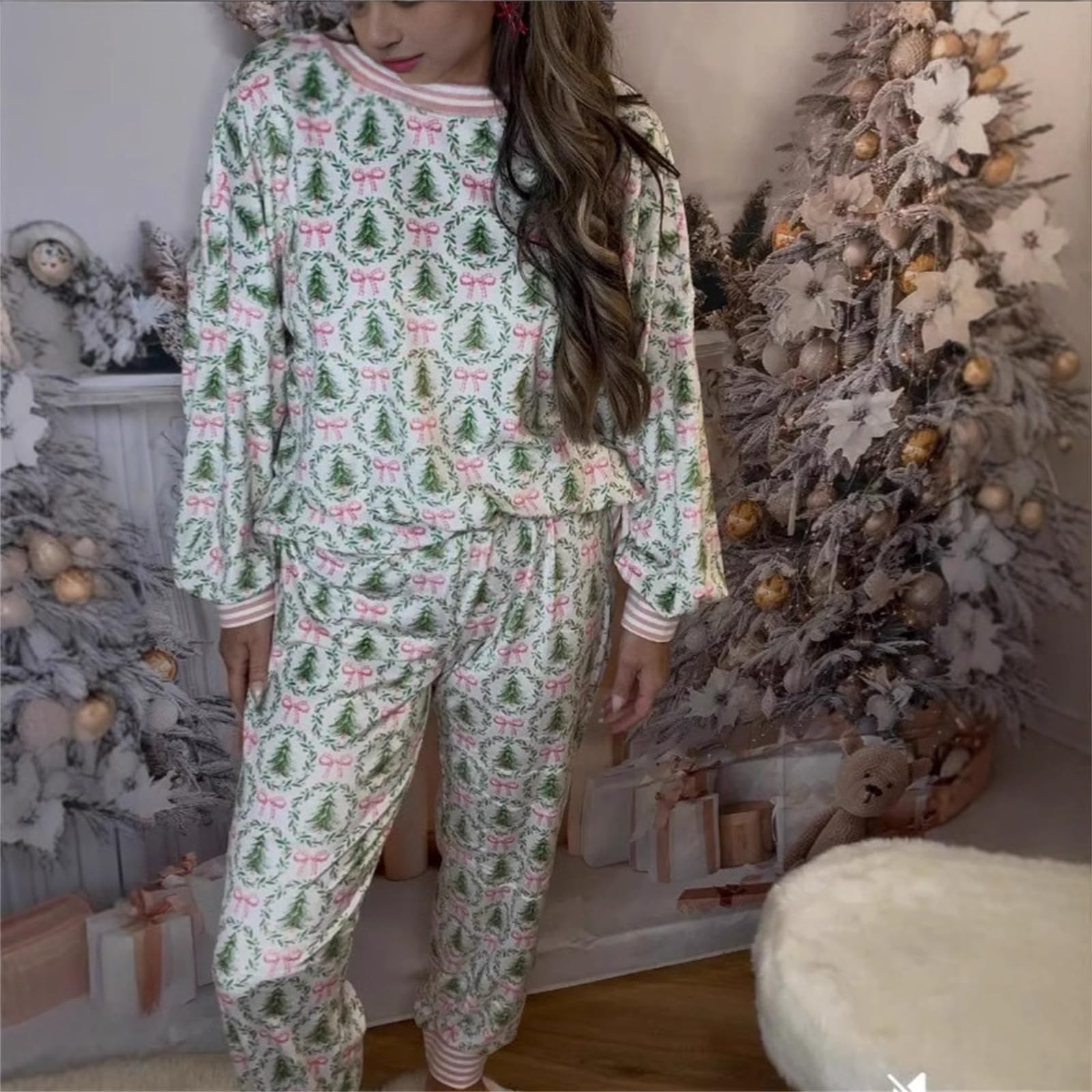 Generisch Pigiama natalizio con motivo natalizio e fiocchi, 2 pezzi, pigiama natalizio da donna, a maniche lunghe e pantaloni