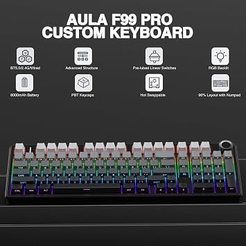 AULA F99 Pro Wireless Gaming Keyboard,Tri-mode Mechanical Keyboard Wireless with Control Knob,Side Engraved,RGB Backlight,Pre-lubed Linear Switches,Hot Swappable Custom Keyboards (Black)