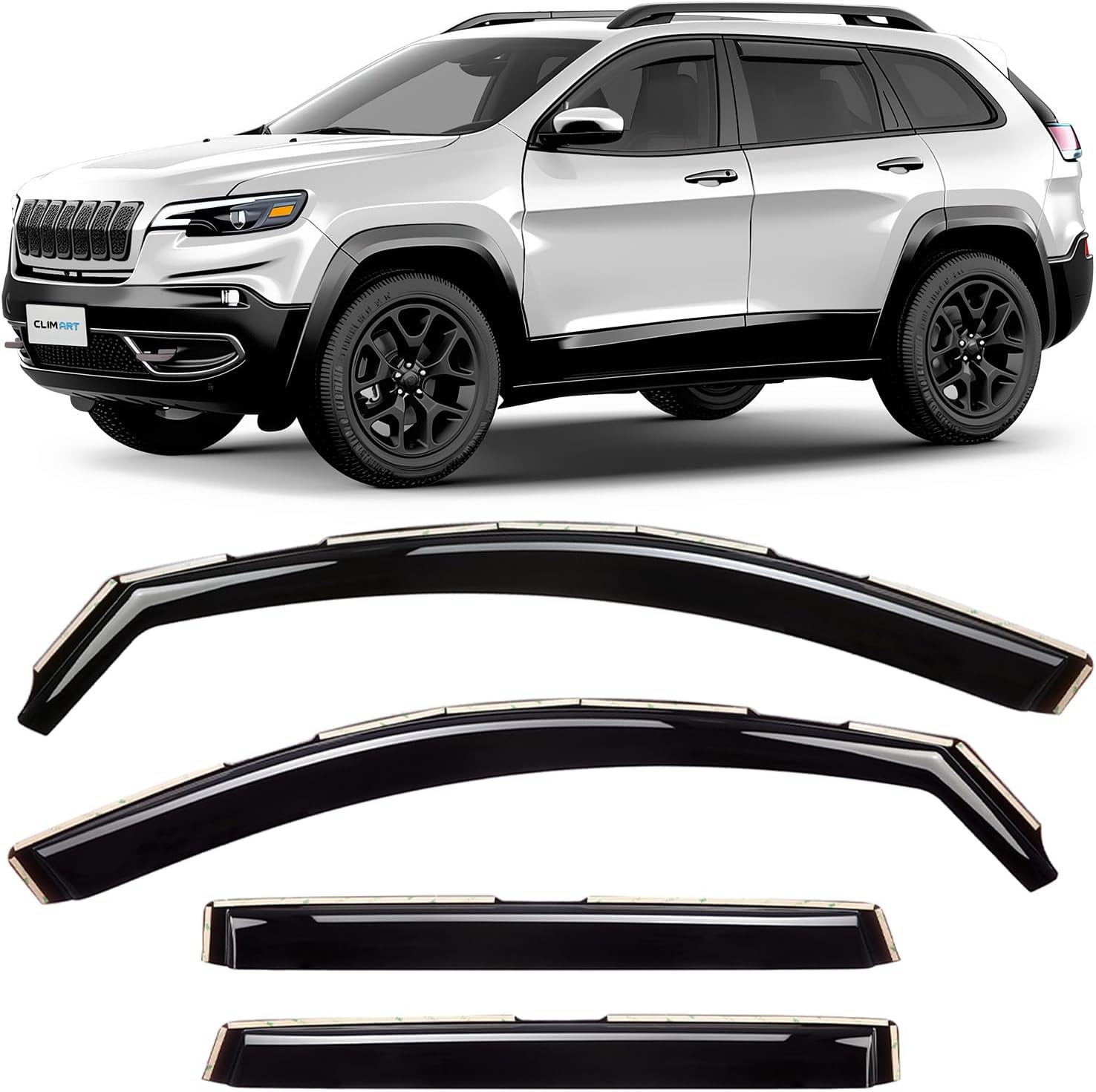 CLIM ART in-Channel Incredibly Durable Rain Guards for Jeep Cherokee 2014-2023, Dark Smoke Car Accessories, Vent Window Visors, Vent Deflector, Original Window Deflectors, 4 pcs - 614031