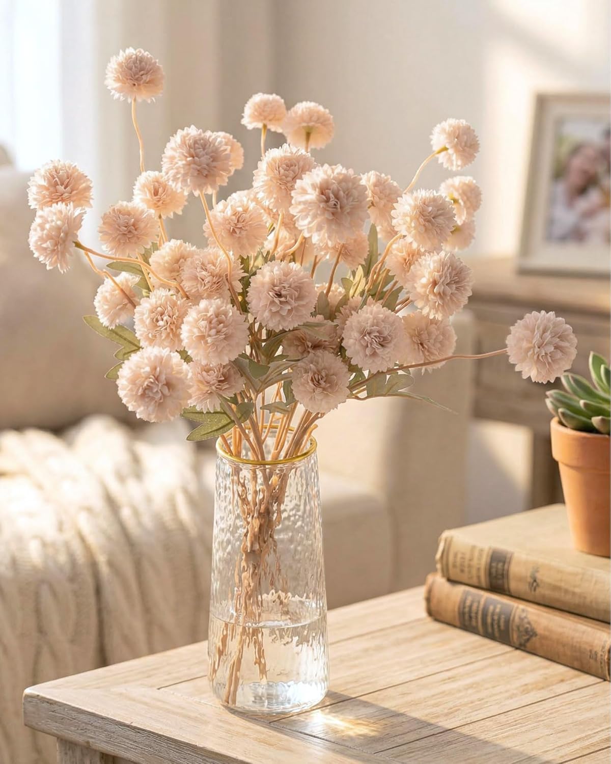 Artificial Beige Pompon Mum Flowers with Stems for Vase, 8Pcs Fake Kiku Silk Mini Chrysanthemum Ball Faux Mum Home Decor, Spring Fall Centerpieces Arrangements, Filler DIY Bouquet