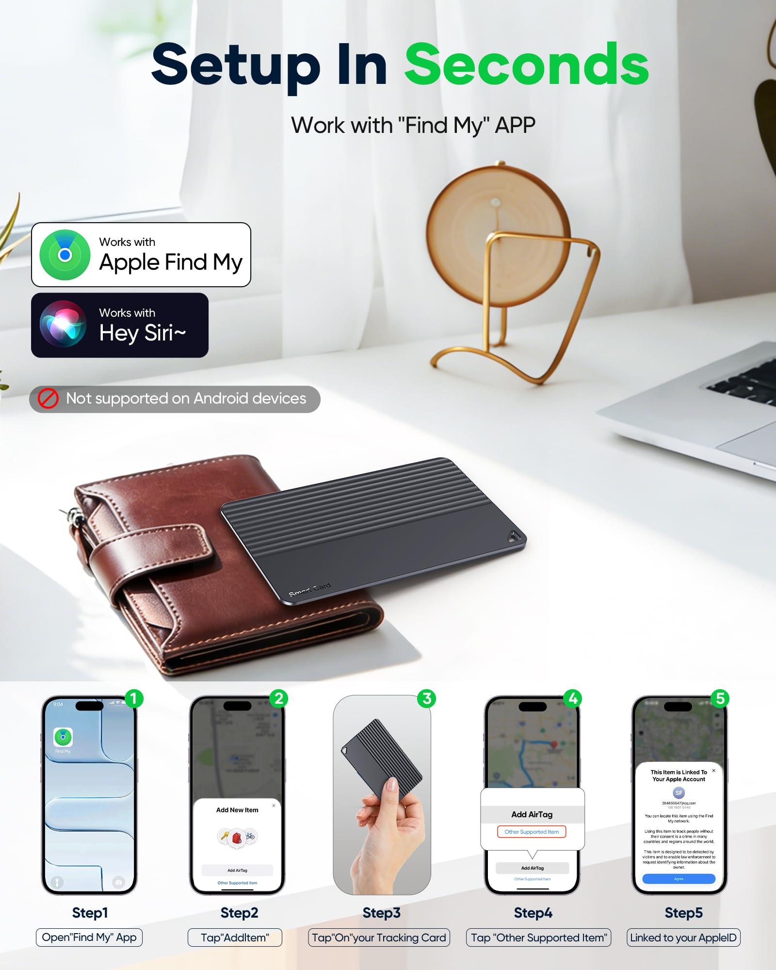 Portafoglio Tracker Card per iOS Find My, batteria di 10 anni, nessuna ricarica richiesta, Smart Slim Card Tracker per portafoglio, passaporto e bagagli, ricerca oggetti intelligenti per