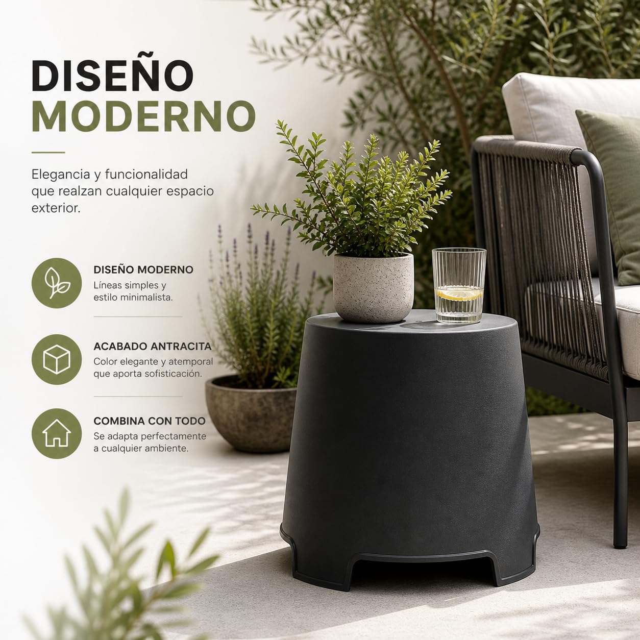 TIENDA EURASIA – Mesa Auxiliar de Jardín Exterior | 41x35x38 cm | Plástico PP Resistente | Soporta hasta 10 kg | Portátil y Ligera | Ideal para Terraza, Balcón y Exterior (Antracita)