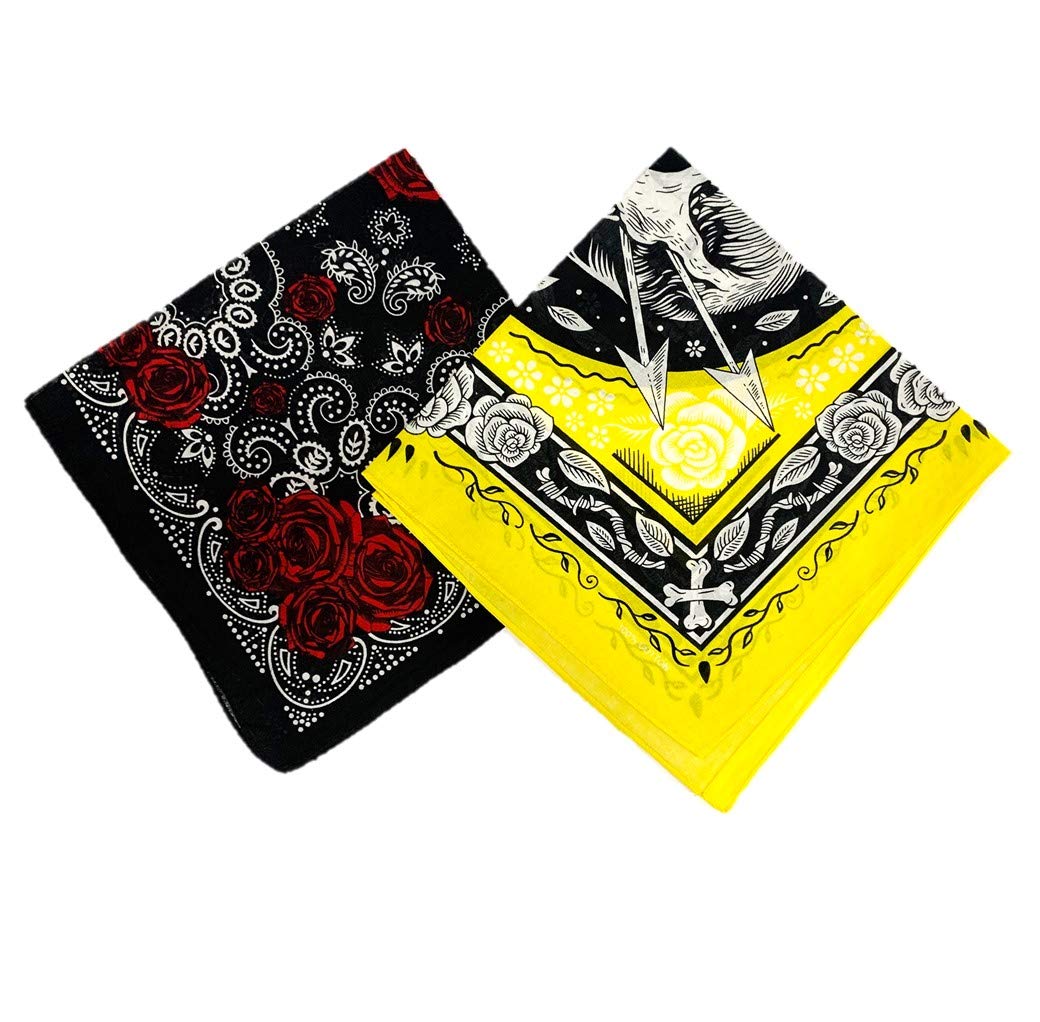 Stylex Party Unisex Black, 2 Pack Bandana Yellow Skull Roses Gothic Biker Mask Balaclava Headband Wrist Tie Neck Tie