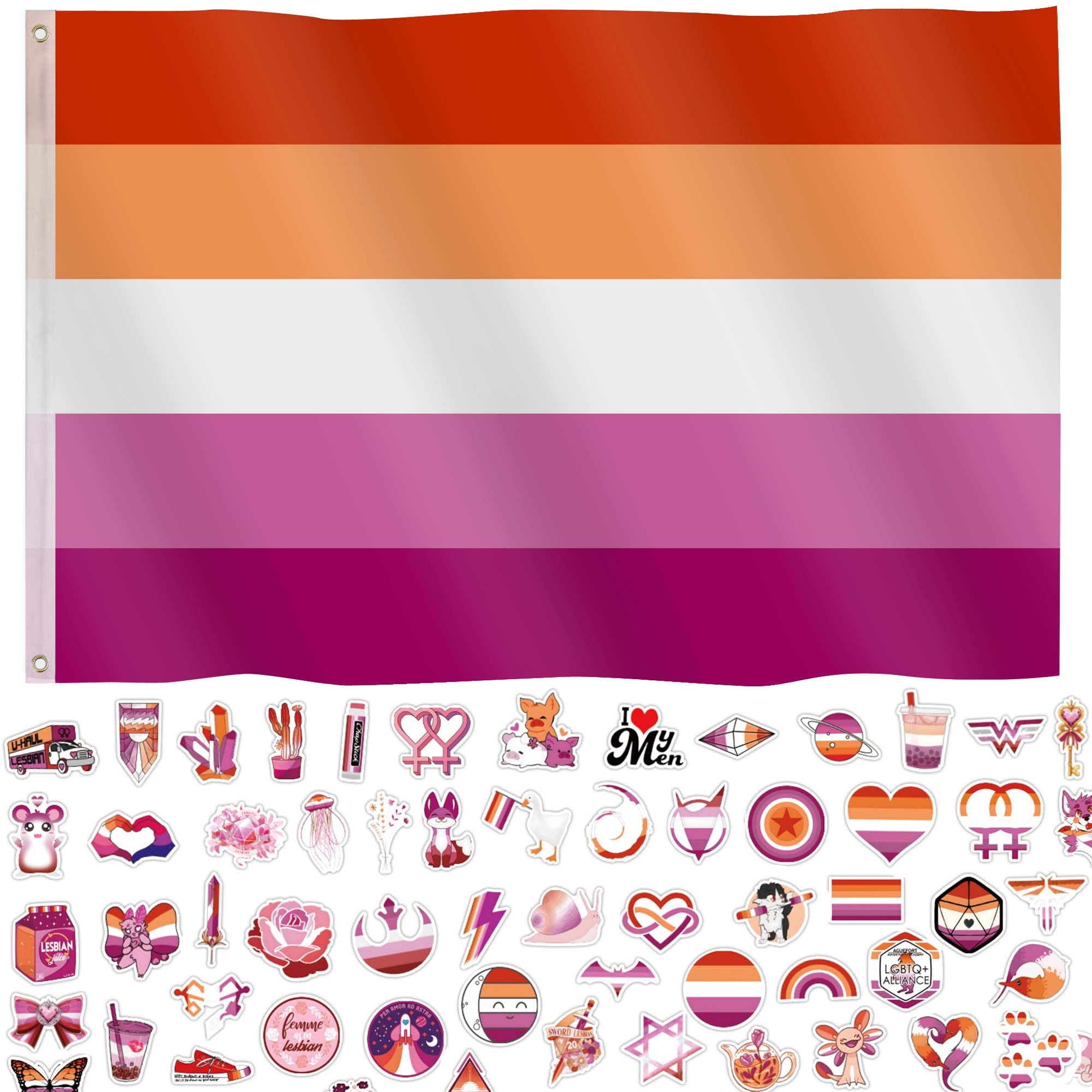 Lesbian Pride Flag 3x5 Ft Pride Month Accessories Sunset Lesbian Rainbow Banner Decorations Stuff for Parades Rainbow Festival Party with 60 Stikers