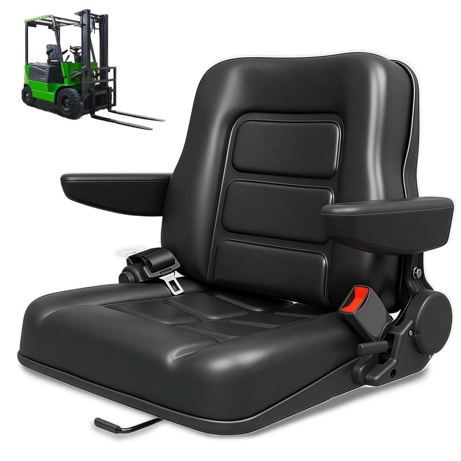 Forklift Seat, Tractor Seat, with Micro Switch, Armrest and Safety Belt, lawn mower seat for Tractor, Mower, Skid Loader, Telehandler, Backhoe, Excavator Dozer