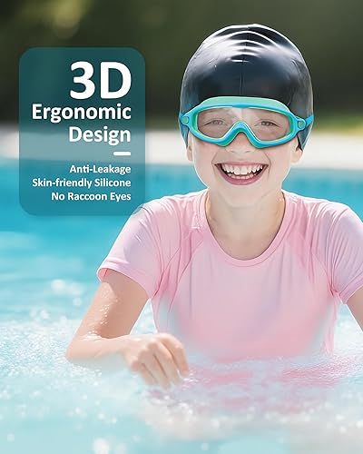 Miniatura 6 de Gafas de natación para niños, antivaho, protección UV y amplia visión con gorro de natación para niños de 3 a 15 años