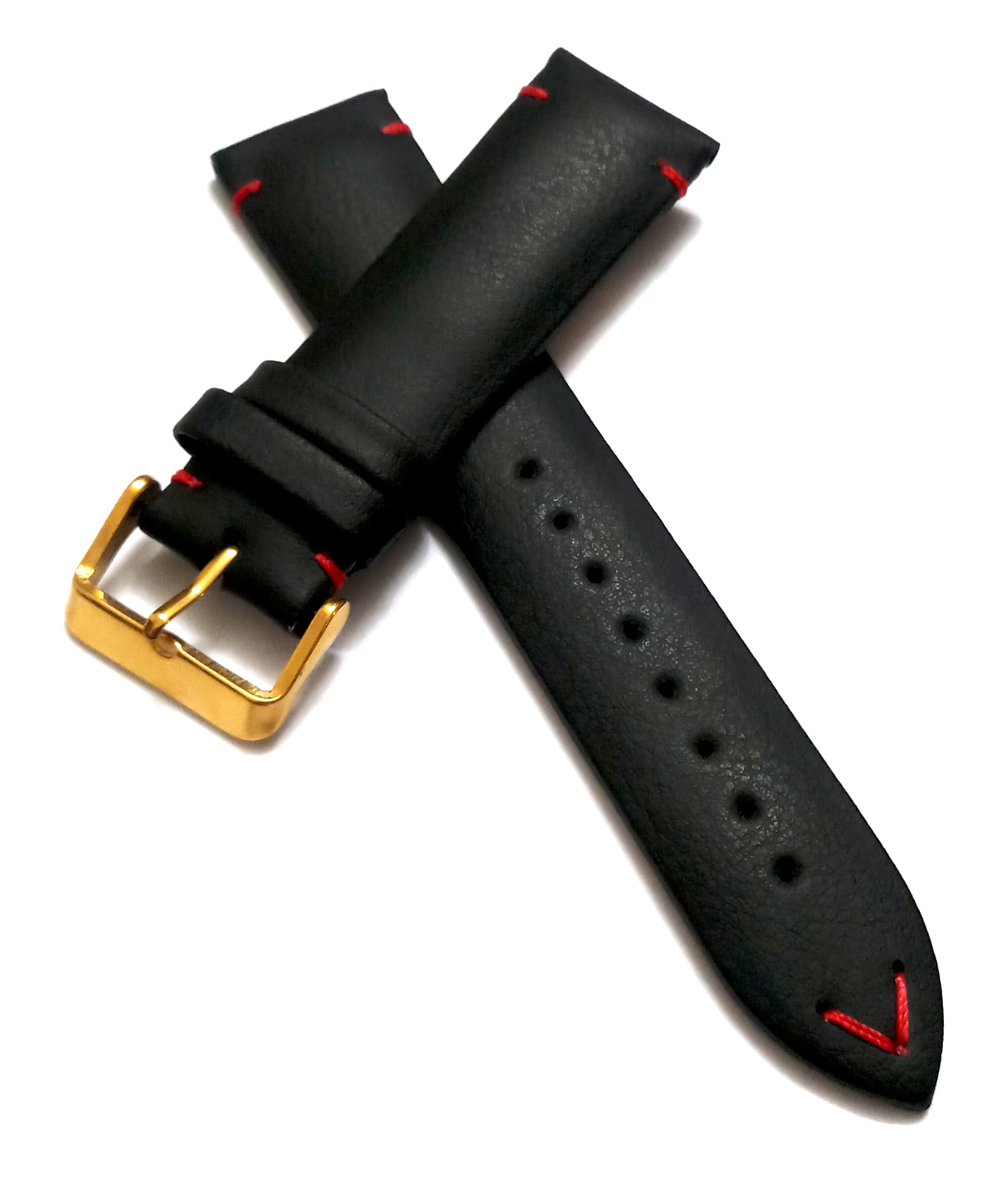 Ewatchaccessories 22mmm Genuine Leather Black With Red Stich Watch Band Strap for Men and Women | Comfortable and Durable Material | Golden Buckle (B09ZB46TLJ) Amazon Price History, Amazon Price Tracker