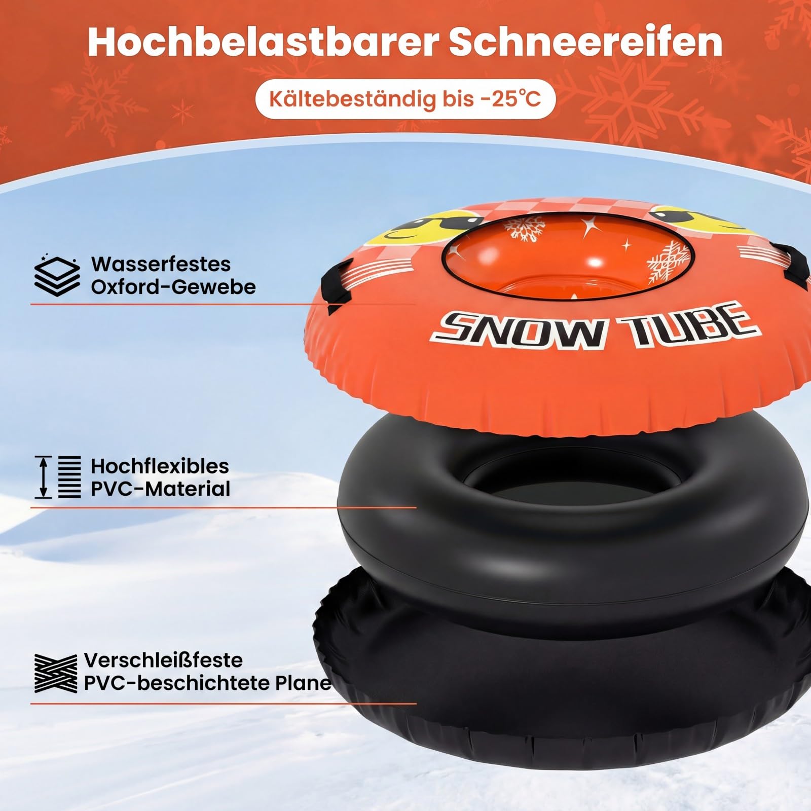COSTWAY Aufblasbarer Schneereifen mit Schleppleine, 107 cm Snowtube, aufblasbarer Schlitten mit Griffen, Rodelreifen für Kinder und Erwachsene (Orange)