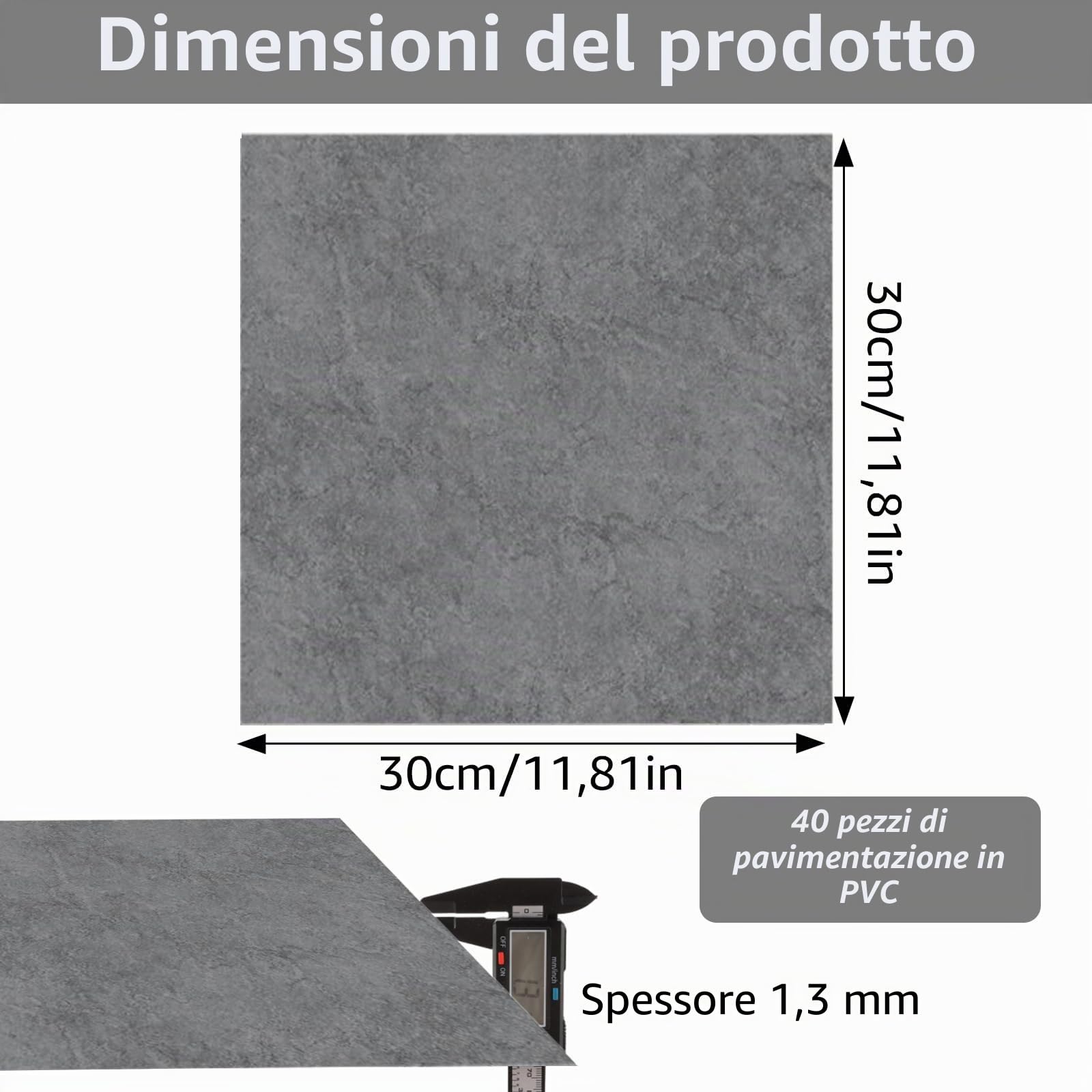 Piastrelle adesive in PVC, 30 x 30 cm, 3,6 m², spessore 1,3 mm, per soggiorno, cucina, camera da letto, 40 pezzi (marmo grigio)