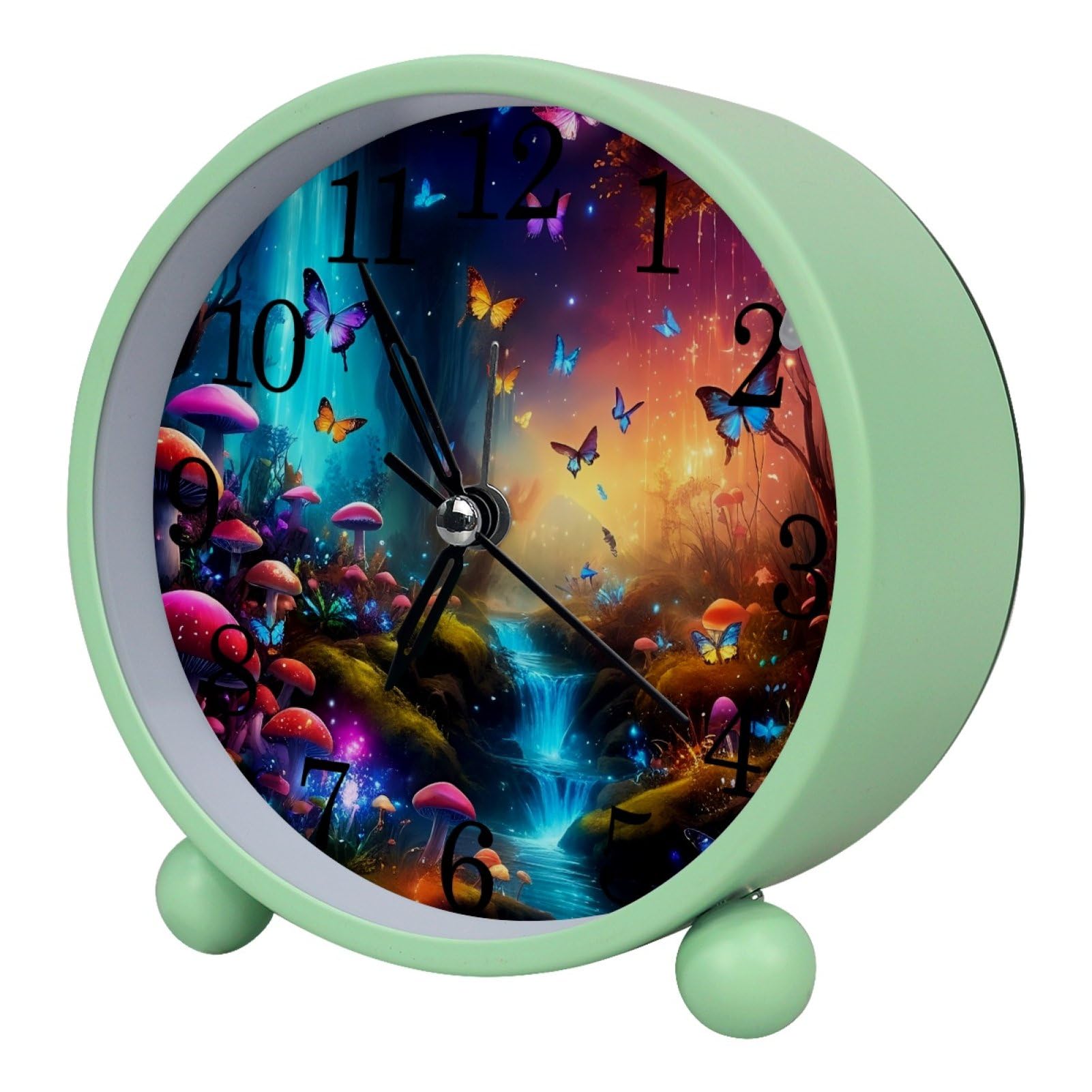 etoenbrc Fantasy Mushroom Butterfly Round Battery Operated Bedside Alarm Clock Non-Ticking Desktop Silent Analog Alarm Clock with Light