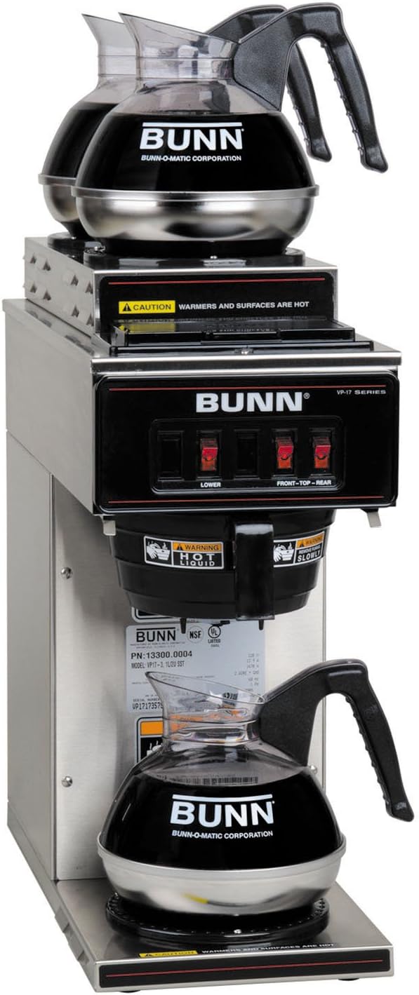 BUNN 13300.0004 VP17-3SS2U Pourover Commercial Coffee Brewer with One Lower and Two Upper Warmers, Stainless Steel