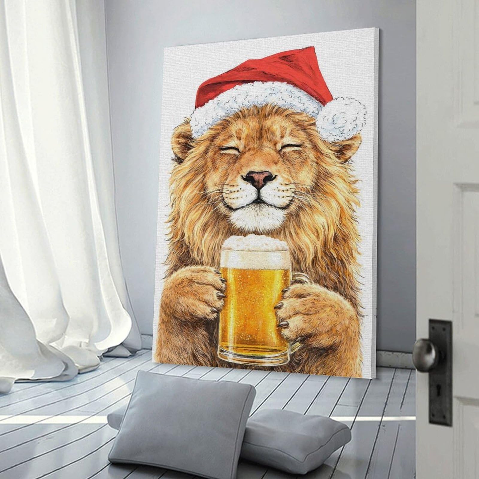 Junmoney Frame-Style-10-1 Lion In Santa Hat With Beer Canvas Art Print 12X18inch(30X45cm), For Gallery Wall Layouts In Home Or Office, Decorative Artwork With Flexible Styling