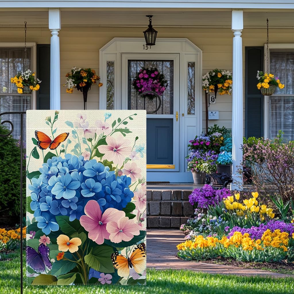 Spring Summer Hydrangea Flowers Garden Flag 12x18 Inch Double Sided Butterfly Colorful Floral Yard Outdoor Flag House Holiday Outside Decoration - Image 5